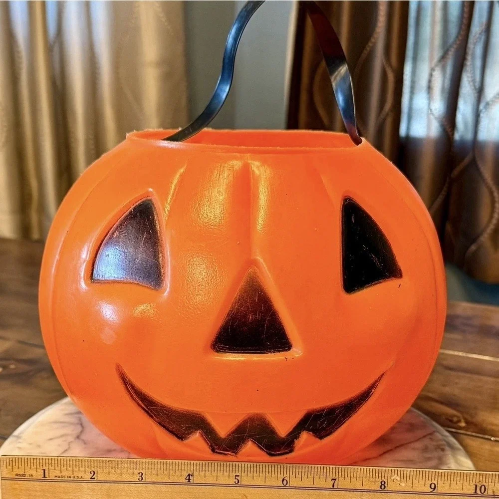 VTG 80s Halloween Trick Or Treat Jack-O-Lantern Blow Mold Pumpkin Candy Bucket